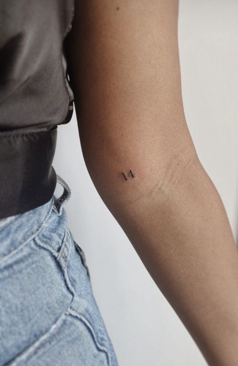 Number Tattoo Locations, Small Tattoo Numbers, Small Word Tattoos Arm, Dainty Number Tattoo Placement, Inside Arm Small Tattoo, 16 Number Tattoo, Tattoos With Numbers Ideas, Small F Tattoo, Mini Number Tattoo