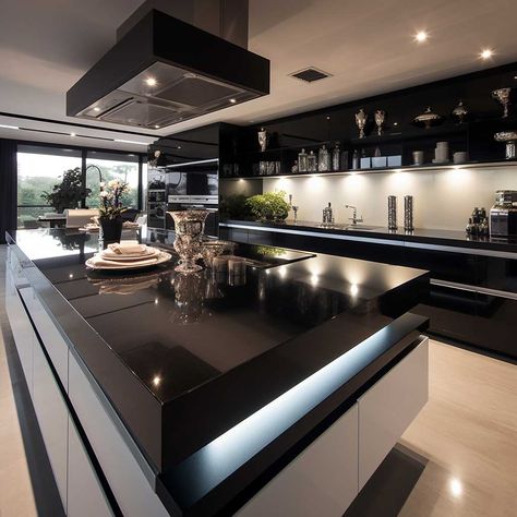 Black Luxury Kitchen Aesthetic, Big Kitchen Luxury Black, Villa Kitchen Luxury, Big Modern Houses Luxury Black, Big Houses Mansions Luxury Dream Homes Black, Modern Mansion Interior Kitchen, Expensive Houses Luxury Inside, Big Modern Kitchen Design Luxury, Luxury Hotel Kitchen