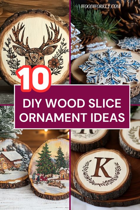 Get inspired with unique wood slice ornament ideas! Perfect for DIY holiday decorations and personalized gifts. Click to explore fun and easy designs! #WoodOrnaments #DIYDecor #HolidayCrafts #Woodworking #HandmadeGifts Christmas Tree Slice Ideas, Diy Christmas Ornament Gift Ideas, Coasters From Wood Slices, Wooden Discs Ideas Tree Slices, Tree Slices Ideas Diy Projects Christmas, Ornaments With Wood Slices, Christmas Ornaments Wood Diy, Christmas Tree Stump Ideas Wood Slices, Woodburn Ornaments Diy