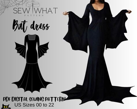 This is a Bat dress sewing pattern, this dress sewing pattern is for Witchy Costume, Morticia Addams Wednesday Train Floor, Halloween Batwing sleeve maxi dress. This sewing pattern was digitized for you. This digital sewing pattern includes 13 sizes 00 to 22 US sizes with layers option to print just one or multiple sizes of your choice. This is a PDF digital download sewing pattern to be printed at home on a home printer or if you prefer at a print shop or even better to be projected using the projector file. All my pattern files include a layer option so you can choose to print or project just your size or multiple sizes of your choice to save ink and time. This Bat dress pattern includes 4 PDF files:  - Bat Dress pattern printable in A4 - Bat Dress pattern printable in US letter - Bat Dr Batwing Sleeve Dress Pattern, Morticia Dress, Batwing Sleeve Dress, Witchy Dress, Halloween Sewing, Cute Sewing Projects, Sewing Basket, Costume Sewing Patterns, Diy Vetement