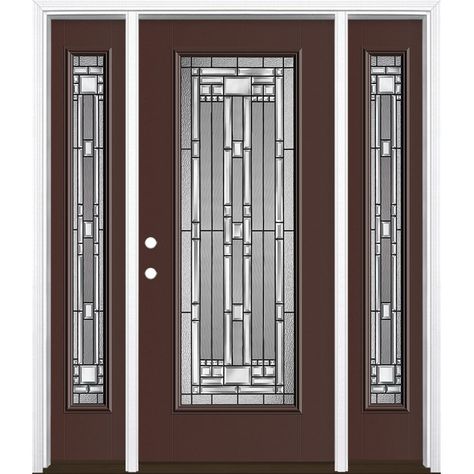 Masonite high-performance fiberglass doors feature distinct panel profiles that rival the detail of a real wood door but will not rust or dent. The intricate lines of the Naples glass add geometric beauty and visual interest to any entrance. When paired together, this captivating door and glass combination invite more light into the home while making an instant first impression. Masonite Naples 60-in x 80-in Fiberglass Full Lite Right-Hand Inswing Chocolate Painted Prehung Front Door with Sideli Single Front Door With Sidelights, Exterior Doors With Sidelights, Front Door With Sidelights, Door With Sidelights, Cheap Interior Doors, Mahogany Wood Doors, Single Front Door, Fiberglass Exterior Doors, Stained Doors