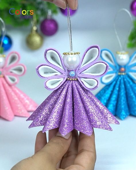 Christmas Angels Diy, Glitter Paper Crafts, Diy Christmas Angel Ornaments, Xmas Angels, Foam Christmas Ornaments, Christmas Angel Crafts, Foam Sheet Crafts, Mini Christmas Ornaments, Christmas Angel Ornaments