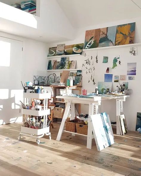 an IKEA cart is a perfect addition to any art studio Library Maker Space Ideas, Studio Art Ideas, Modern Art Room Ideas, Desks For Artists, Small Painting Studio Workspaces, Home Painting Studio Art Rooms, Studio Painting Room, Bedroom For Artist, Dream Art Studio Aesthetic