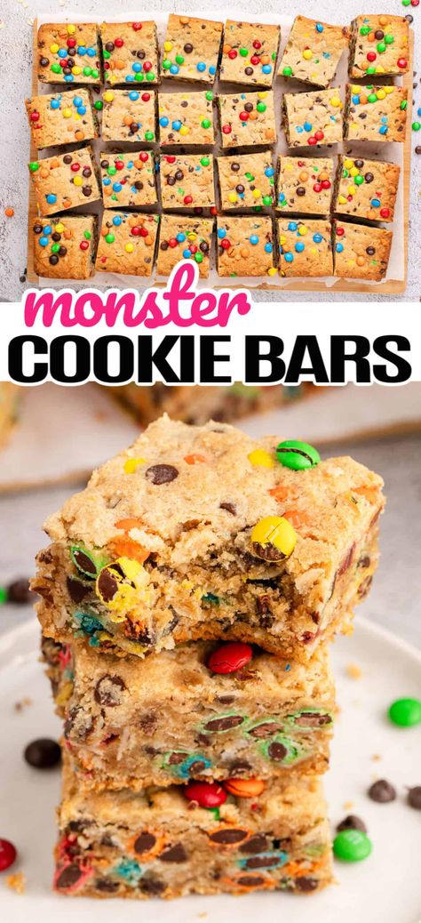 Loaded with all the yummiest fillings, these soft & chocolatey Monster Cookie Bars are the ULTIMATE sweet treat for any celebration! #Realhousemoms #monster #cookie #bars #dessert #chocolate #cookiemonster #cookiebars #m&m #halloween Monster Cookie Bars Recipe, Bars Dessert, Monster Cookie Bars, Monster Cookie, Sugar Cookie Bars, Dessert Chocolate, Oatmeal Bars, Delicious Cookie Recipes, Classic Cookies