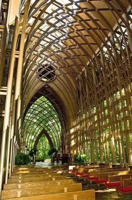 Forest church, if I could find place like this in WI or MN it would be perfect! Bella Vista Arkansas, Interior View, Okayama, Church Architecture, Organic Architecture, Bella Vista, Zaha Hadid, Frank Lloyd, Frank Lloyd Wright