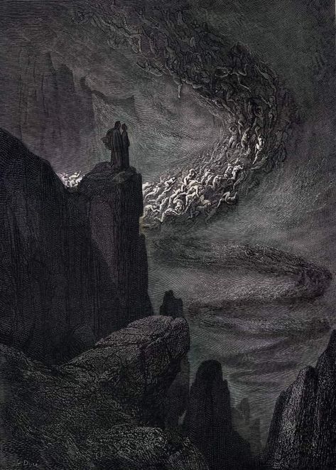 Inferno Canto 5, The Souls of the Lustful Swept up in Eternal Wind - Gustave Dorè, 1866. The Acrobats Gustave Dore, Gustav Dore Wallpaper, Dante’s Inferno, Gustave Dore Divine Comedy, Gustave Dore Illustrations, Eternity Aesthetic, Gustav Dore, Inferno Dante, Paul Gustave Doré