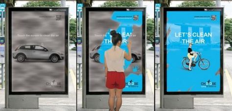 27 Awesome Billboards - This interactive poster lets users clean the air with their hands and reveals how using bicycles instead of automobiles would help. Ambient Ads, Ambient Advertising, Tactical Urbanism, Interactive Poster, Interactive Advertising, New York Taxi, Store Experience, Bus Stops, Ad Poster