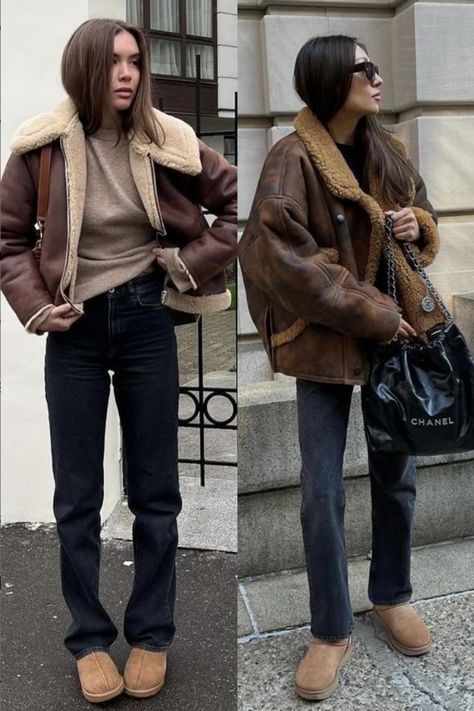 Black Jeans Brown Leather Jacket Outfit, Biker Winter Outfit, Chestnut Uggs Outfit Winter, Shearling Moto Jacket Outfit, Brown Fur Leather Jacket Outfit, Black Jeans And Uggs Outfit, Brown Jacket Winter Outfit, Brown Winter Jacket Outfit, Ugg Chestnut Outfit