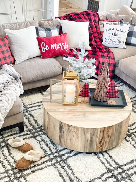 Affordable Buffalo Plaid Holiday Pillows and Decor | CC and Mike | Blog Red Buffalo Plaid Christmas Decor, Table Christmas Decorations, Coffee Table Christmas, Plaid Living Room, Round Coffee Table Styling, Christmas Coffee Table, Plaid Pillows, Best Coffee Table, Christmas Coffee Table Decor