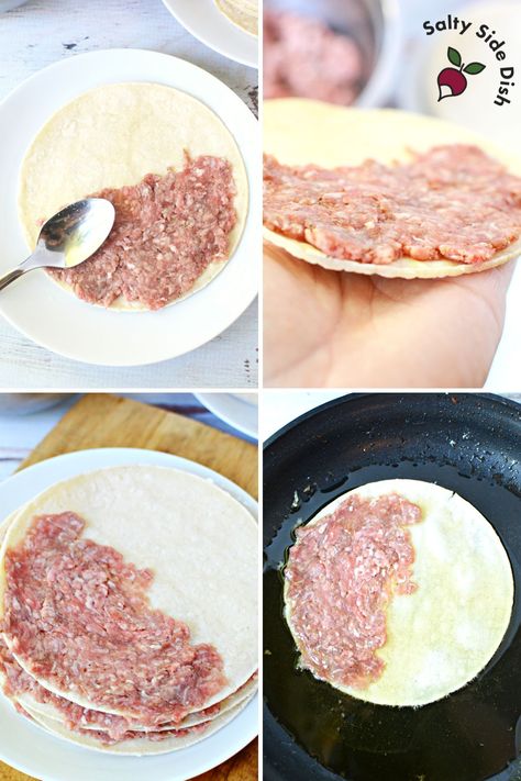 Fried Tacos with Beef in Crispy Corn Tortillas | SaltySideDish.com Corn Beef Tacos, Soft Shell Tacos Recipe Ground Beef, Fried Tacos Recipe Ground Beef, Fry Flour Tortillas For Tacos, Puffy Tacos Recipe Shells, Fry Taco Shells, Ground Beef Tacos Corn Tortillas, Pan Fried Tacos Corn Tortillas, Deep Fried Tacos