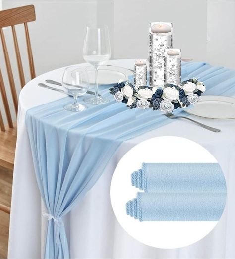 Sky Blue And White Wedding Decorations, Sky Blue Table Decorations, Blue Table Cloth, Round Table Cloth Ideas, Pale Blue Party Decor, Light Blue Table Cloth Wedding, White Table Cloths With Blue Runners, Baby Blue Table Runner, Light Blue Table Runner