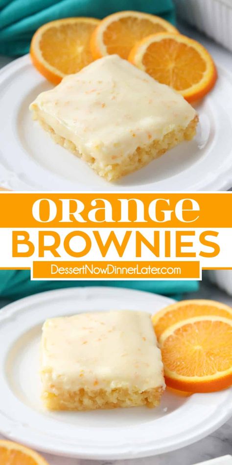 These Orange Brownies are dense and moist like fudgy brownies, without any chocolate. Orange zest and juice flavor both the bars and cream cheese frosting for a sweet citrus dessert. Easy Desserts With Oranges, Desserts With Orange Juice, Orange Zest Recipes, Baking With Oranges, Desserts Using Fresh Oranges, Cream Cheese Blondies Recipe, Orange Juice Desserts, Fresh Orange Recipes Desserts, Baking With Oranges Easy Recipes