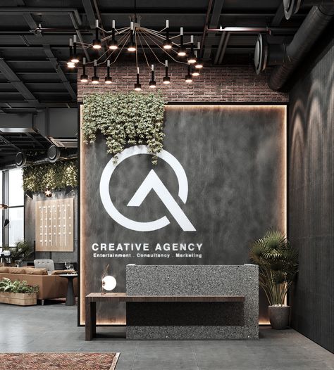 Commercial Office Reception Area, Moody Office Inspiration Modern, Cool Office Reception Area, Medical Office Waiting Room Ideas, Modern Office Reception Design Interiors, Industrial Restroom Design, Office Design Ideas Business Corporate, Office Reception Area Design Modern, Commercial Reception Area