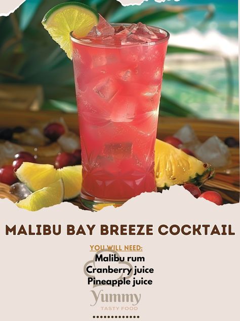 🏝️ Malibu Bay Breeze: Sip the essence of summer! #BayBreezeBliss Malibu Bay Breeze Cocktail Ingredients: Malibu rum (1.5 oz (45 ml)) Cranberry juice (2 oz (60 ml)) Pineapple juice (2 oz (60 ml)) Instructions: Fill a glass with ice. Pour Malibu rum, cranberry juice, and pineapple juice over the ice. Stir gently and garnish with a lime wedge. 🍍🌊 Dive into the refreshing flavors of our Malibu Bay Breeze! #SummerSipping Bay Breeze Cocktail, Malibu Bay Breeze, Bay Breeze, Malibu Rum, Yummy Alcoholic Drinks, Cocktail Ingredients, Lime Wedge, Cranberry Juice, Pineapple Juice