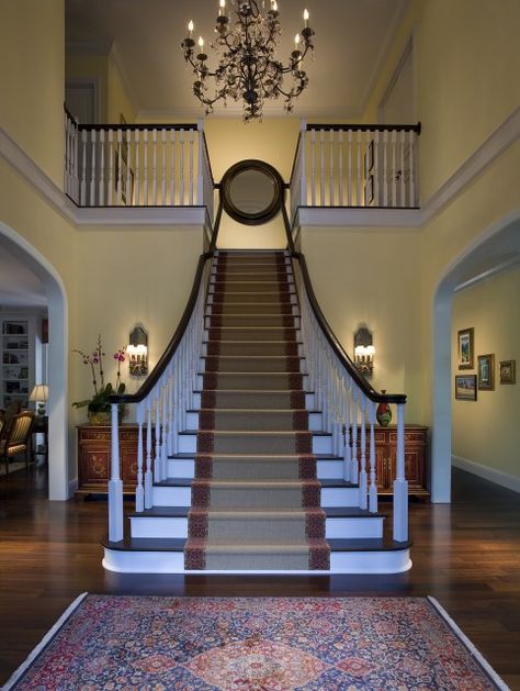 35 Cool Stair Carpet Runners To Make Your Life Safer | Shelterness Wood Banister, Staircase Pictures, Farmhouse Stairs, Black Crystal Chandelier, Staircase Runner, Historical Interior, Traditional Staircase, Staircase Remodel, Stair Runner Carpet