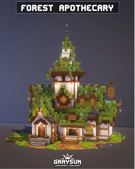 Woodland Minecraft Builds, Cute Minecraft Forest Builds, Minecraft Greenery House, Minecraft Forest Apothecary, Minecraft House In Spruce Forest, Moss Castle Minecraft, Moss Roof Minecraft House, Elven Style Minecraft Builds, Moss Cottage Minecraft