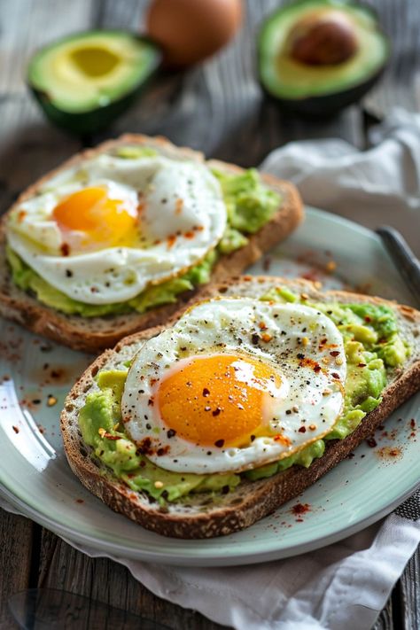 Avocado toast topped with sunny-side-up eggs, sprinkled with pepper, served on a rustic wooden table. Cooking Ideas Breakfast, Sandwich Recipes For Breakfast, Self Care Breakfast, Foods For Breakfast Healthy, Good Looking Breakfast, Cholesterol Lowering Breakfast Recipes, Easy Savory Breakfast Ideas Healthy, Light Healthy Breakfast Ideas, Healthy Savory Recipes