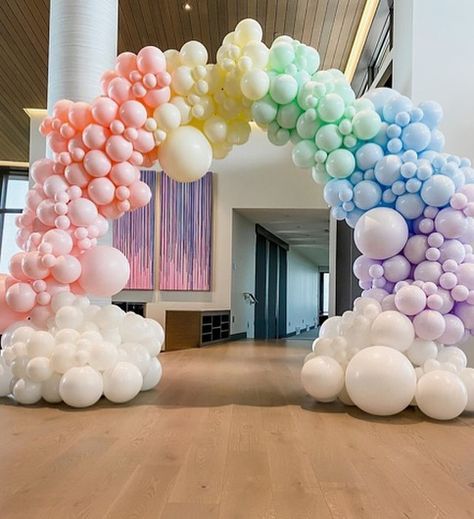 Pastel Rainbow Birthday, Combined Birthday Parties, Rainbow Balloon Arch, Rainbow Backdrop, Rainbow Arch, Little Pony Birthday Party, Rainbow Birthday Cake, Balloon Company, Rainbow Parties