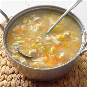 Amish Chicken Corn Soup Recipe -Cream corn and butter add richness to this homey chicken noodle soup. It makes a big batch, but it freezes well for future meals—one reason why soups are my favorite thing to make. —Beverly Hoffman, Sandy Lake, Pennsylvania Amish Chicken Corn Soup Recipe, Amish Chicken Corn Soup, Creamed Corn Soup, Pennsylvania Recipes, Amish Baking, Amish Dishes, Breakfast Pies, Chicken And Corn Soup, Chicken Corn Soup