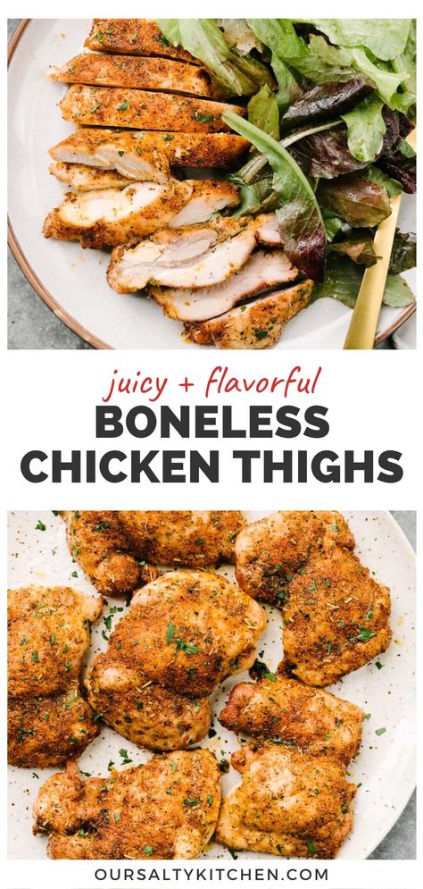 If you're new to cooking, mastering a simple but flavorful baked boneless chicken thigh should be high on your to-do list. They're a frugal and fatty cut, packed with flavor (which means they're a lot more forgiving!). Coat boneless skinless chicken thighs in a sweet and savory dry rub, then roast on a baking sheet for the crispiest and juiciest boneless chicken. These chicken thighs are ready in just 30 minutes, so check the post for quick and easy side dishes to pair them with! #chickenthighs Baked Skinless Chicken Thighs, Roasted Boneless Chicken Thighs, Quick And Easy Side Dishes, Baked Boneless Chicken, Easy Baked Chicken Thighs, Baked Boneless Chicken Thighs, Chicken Thigh Recipes Boneless Skinless, Balsamic Chicken Thighs, Chicken Thighs Dinner