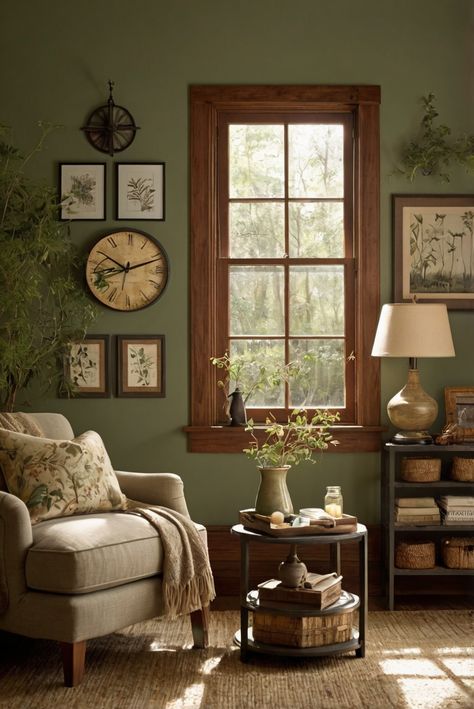 Rustic Cottage Farmhouse Style, Rural Green Sherwin Williams, Mossy Green Living Room Walls, Green Walls Brown Trim, Cozy Earthy Home Decor, Organic Cozy Home, Gray And Sage Green Living Room, Earthy Wall Paint Colors, Green Walls With Wood Trim