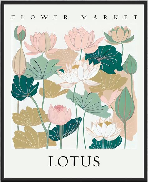 Lotus Flower Art Print, Flower Market Poster Wall art Decor, Botanical Floral Artwork for Bedroom, Bathroom, Living room Decoration (Lotus, 16x20 inches (Unframed)) Lotus Illustration Art, Flora Patterns, Lotus Flower Illustration, Lotus Artwork, Artwork For Bedroom, Flower Posters, Lotus Flower Art, Lotus Painting, Market Poster