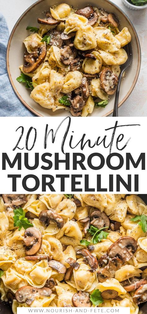 With this simple and delicious recipe for fresh Tortellini with Mushrooms, Butter, and Parmesan cheese, a satisfying dinner can be on the table in just 20 minutes. Dairy Free Tortellini Recipes, Mushroom Tortellini Recipes Healthy, Veggie Filled Dinner Recipes, Creamy Spinach Mushroom Tortellini, Veggie Tortellini Recipes, Tortellini Pasta Sauce Easy Recipes, Tortellini And Mushrooms, Dinner Recipes Using Mushrooms, Basil Tortellini Pasta