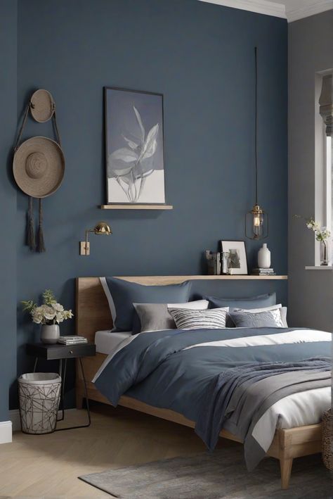 bedroom decor, home paint colors, kitchen designs, interior bedroom design Color Idea For Bedroom, Dark Paint Room Ideas, Men Bedroom Paint Ideas, Grey Combination Color Bedroom, Colour For Room Bedrooms, Japandi Blue Bedroom, Men Room Color Ideas Paint Colours, Bluish Grey Bedroom, Room Color Ideas Blue