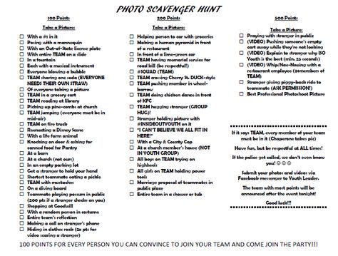 PHOTO SCAVENGER HUNT! Our youth group had a BLAST. We split into teams and each team had to do as many things on the list as they wanted, but whichever team got the most points won! We laughed and laughed. Team Photo Scavenger Hunt, Group Photo Scavenger Hunt, Church Scavenger Hunt Youth Groups, Team Scavenger Hunt Ideas, Group Scavenger Hunt, Team Scavenger Hunt, Group Games For Teens, Birthday Ideas For Adults, Picture Scavenger Hunts