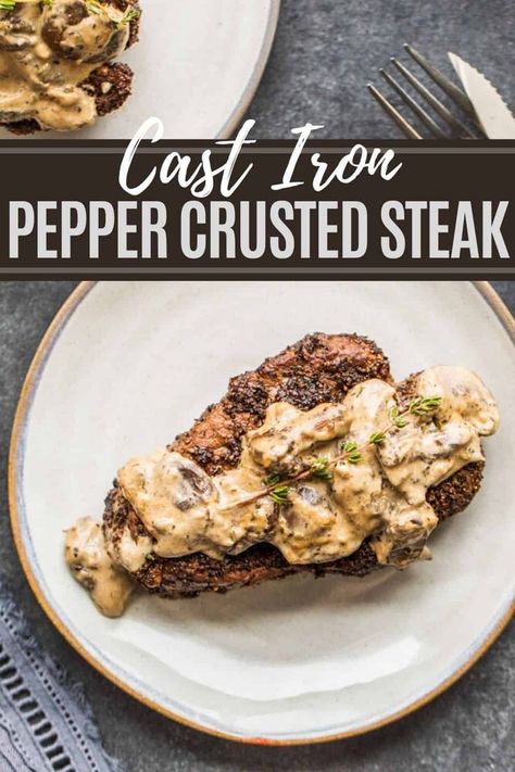 Fancy Date Night Dinner, Crusted Steak Recipe, Crusted Steak, Filet Mignon Recipes, Cheesesteak Recipe, Beef Steak Recipes, Herb Roasted Potatoes, Tasty Meat, Cast Iron Skillet Recipes