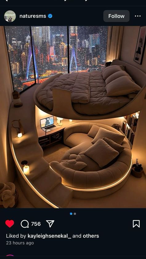 Circle Bed Luxury, Sunroof In Bedroom, Circle Bunk Bed, Bedroom Ideas Circle Bed, Big Loft Bed, Awesome Bedroom Ideas, Cozy Nest Bed, Circle Bed Designs, Futuristic Apartment Building