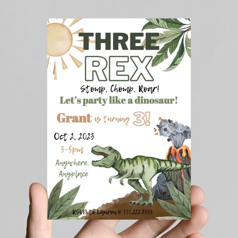 THREE REX! Stop Chomp Roar! Party like a dinosaur 3rd birthday party invitation, dinos boy birthday, 5x7in, customizable digital download Three Rex Invitation, Three Rex Birthday, 3rd Birthday Party For Boy, Dinosaur Invitations, Dinosaur Themed Birthday Party, Dinosaur Birthday Invitations, Third Birthday Party, Party Template, Dino Birthday