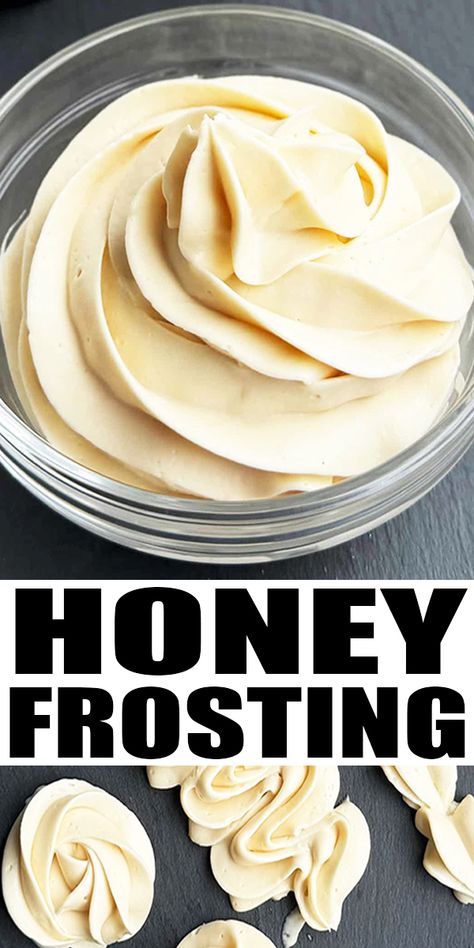 Quick and easy HONEY FROSTING recipe, homemade with simple ingredients. This cream cheese buttercream frosting has no powdered sugar. It's perfect for spreading and piping swirls on cakes and cupcakes. It has a tangy flavor with hints of vanilla and cinnamon spice. From CakeWhiz. Honey Butter Cream Frosting, Cream Cheese Frosting With Honey, Cream Cheese Honey Frosting, Not To Sweet Buttercream, Apple Buttercream Frosting, Icing Flavor Ideas, Honey Frosting Recipe, Simple Cake Icing Recipe, Not Sweet Frosting