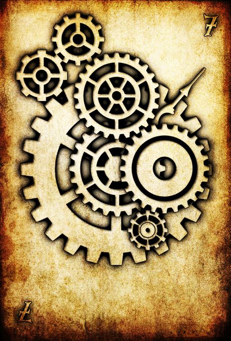 WRD: Seven of Cogs by TormentedArtifacts Steampunk Drawing, Gear Tattoo, Simple Deck, Darkest Night, Deck Of Playing Cards, Urban Legend, Mechanical Art, Steampunk Gears, Quote Inspiration