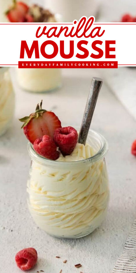 Add this Vanilla Mousse to your favorite Mother's Day dessert recipes! This homemade mousse has a light, airy texture and a rich, creamy flavor. What a quick and easy homemade treat for Mother's Day! Light Cream Recipes, Mousse Recipes Easy Pudding, Instant Pudding Mousse, Fruit Mousse Recipes, Cool Whip Vanilla Pudding Desserts, Quick Pudding Recipes, Light Refreshing Desserts, Vanilla Moose Recipe, Vanilla Mousse Recipe Easy