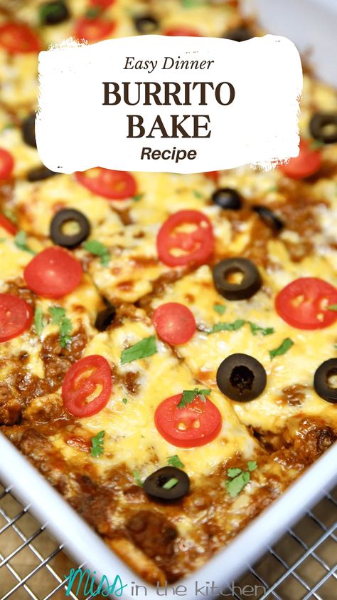 If you are looking for a quick and easy casserole for a weeknight dinner, give this tasty beef and bean Burrito Bake a try. Sheet Pan Burritos, Burrito Bake Recipe, Burrito Bake, Baked Burritos, Hamburger Casseroles, Beef Burrito Recipe, Burrito Recipes, Burrito Casserole, Bean Burrito