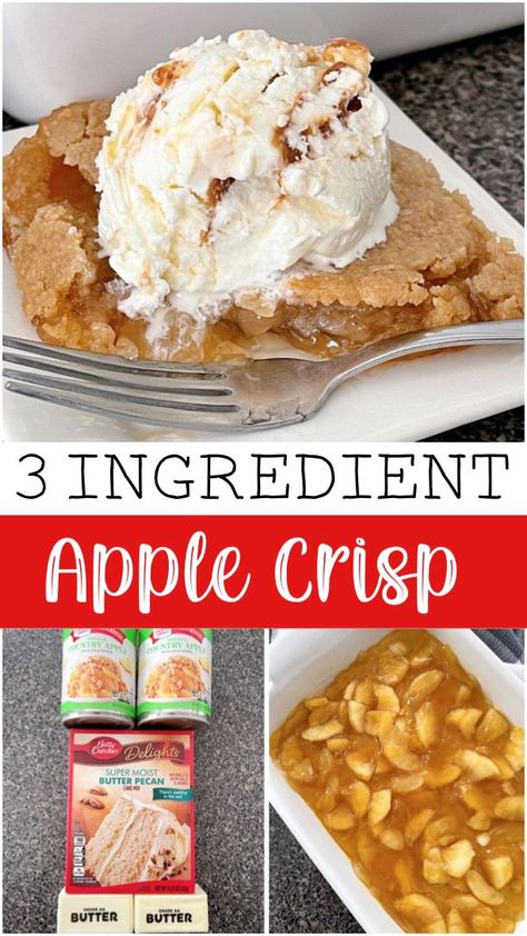 Looking for a simple and delicious dessert? Look no further than this easy apple crisp recipe! With just three ingredients - apple pie filling, melted butter, and a cake mix - you can whip up a cozy and comforting treat in no time. Three Ingredient Apple Cobbler, Apple Crisp With White Cake Mix Easy, Apple Crisp From Canned Pie Filling, Recipes With Apple Pie Filling Simple, Apple Crisp With Apple Pie Filling, Pie Filling Apple Crisp, Apple Crisp With Cake Mix Easy, Apple Cobbler With Cake Mix Easy, Apple Crisp Dump Cake