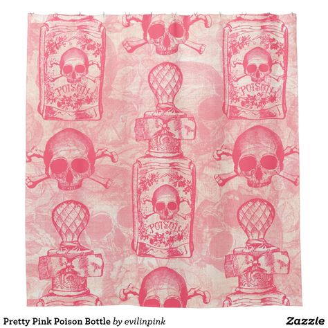 Pretty Pink Poison Bottle Shower Curtain Pink Poison Aesthetic, Pink Demon Aesthetic, Pink Gothic Aesthetic, Pink Horror Aesthetic, Curtain Styles Ideas, Pink Halloween Aesthetic, Pink Poison, Pink Horror, Pretty Poison