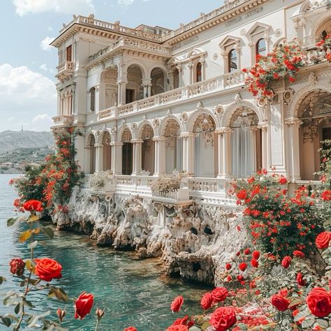 Summer Palace Aesthetic, Seaside Castle Aesthetic, Castle By The Sea Aesthetic, Small Castle Aesthetic, Castle House Aesthetic, Mermaid Mansion, Palace By The Sea, Mediterranean Palace, Castle On A Cliff