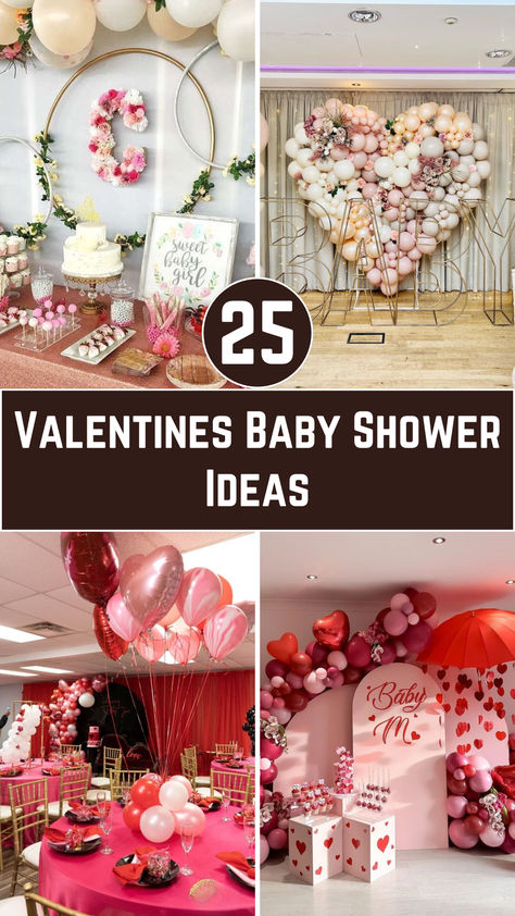 An adorable baby shower setup with Valentine’s Day-themed decorations: heart-shaped balloons, a pink and red dessert table with cupcakes, and love-themed baby shower favors. Valentines Baby Shower Food Ideas, Girl Baby Shower Themes For February, Valentines Baby Shower Centerpieces, Pink Girly Baby Shower Ideas, Girl Baby Shower Themes February, Valentine's Day Baby Shower Theme, Valentines Baby Shower Decorations, Sweetheart Theme Baby Shower Ideas, A Little Sweetheart Is On The Way Baby Shower Ideas