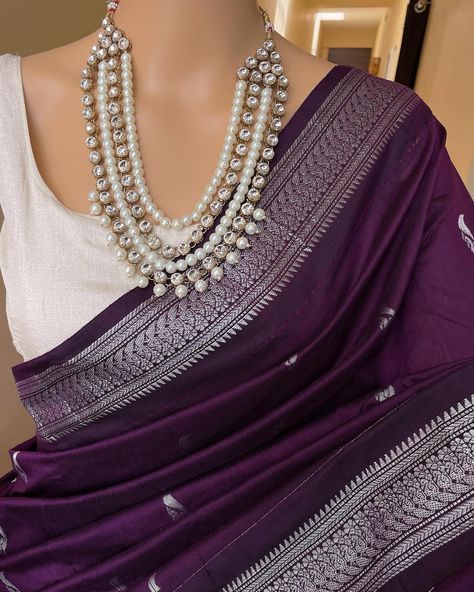 Www.thejacouture.in > cotton silk sarees silver border. > Dark wine cotton silk saree with silver Border. . Saree Description: Dark wine cotton silk saree with silver zari border and butta all over. Comes with running blouse. Saree height: 46 inches. Saree length: 5.5 meters. Blouse : 80cm Care: Normal wash. priced: 1450/- INR Delivery time Duration: * Domestic in 4 to 6 working days. * International in 10 to 15 days Courier partner: Delhivery and Dtdc. . . For for details and query d... Jewellery For Silver Zari Saree, Silver Border Saree Blouse Designs, Grape Wine Saree, Wine Colour Saree For Farewell, Silk Saree Look Modern, Ethnic Day Saree, Wine Saree Look, Dark Colour Saree, Dark Saree