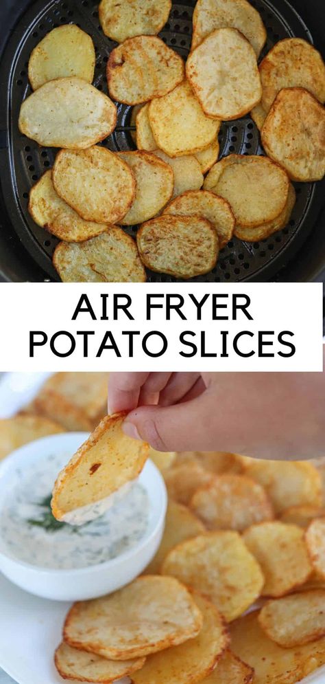 Air Fryer Potato Slices are a great appetizer, side dish or snack made in under 30 minutes. They are wonderfully crisp on the outside, soft and creamy inside and much healthier than traditional fries. Air Fryer Potato, Air Fryer Recipes Dessert, New Air Fryer Recipes, Air Fryer Recipes Snacks, Veggies Recipes, Potato Slices, Air Fryer Cooking Times, Cooks Air Fryer, Air Fried Food