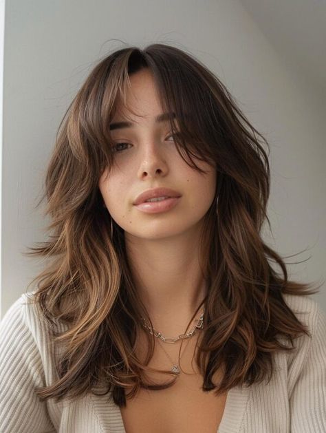 Stylish Shoulder Length Hair with Curtain Bangs: Trends & Tips Wolfcut Hair With Curtain Bangs, Middle Hair With Bangs, Hair Cuts With Curtain Bangs Wavy, Long Layered Shag Haircut Curtain Bangs, Layered Hair With Short Curtain Bangs, Over Shoulder Haircut, Cut With Bangs, Certain Bangs Medium Hair, Mid Length Hair With Layers Curtain Bang