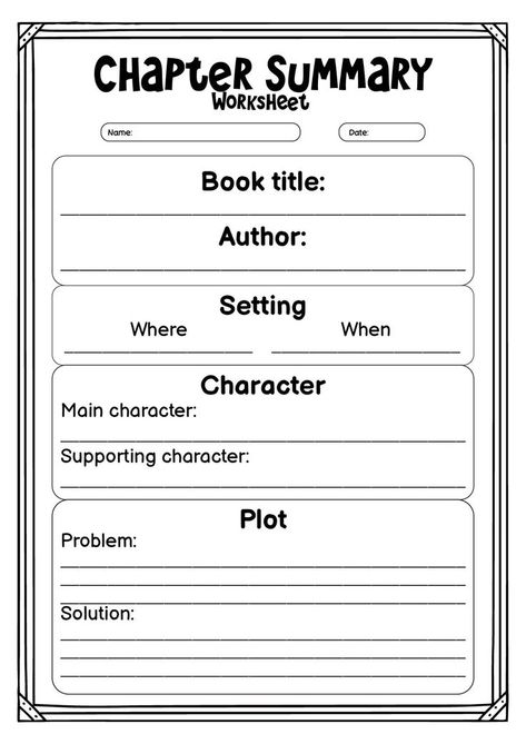 This worksheet will help you effectively summarize each chapter by focusing on key points and main ideas. Use it to improve your comprehension and retention of the material as you progress through the book. Take your chapter summaries to the next level with this helpful tool. #ChapterSummary #LiteraryAnalysis #BookReview #writingchaptersummary Chapter Summary Template, Summary Worksheet, Summary Graphic Organizer, Story Elements Worksheet, Improve English Writing, Improve Writing Skills, Middle School Books, Improve Reading Comprehension, Book Review Template