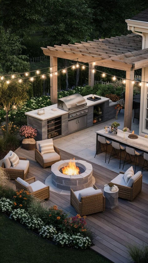 Patio With Bbq And Fire Pit, Modern Family Backyard, Bbq And Fire Pit Area, Backyard Hosting Space, Bbq Landscape Design, Ultimate Outdoor Entertaining Area, Back Yard Fire Pits, Backyard Patio Pool Designs, Bbq Zone Outdoor Spaces