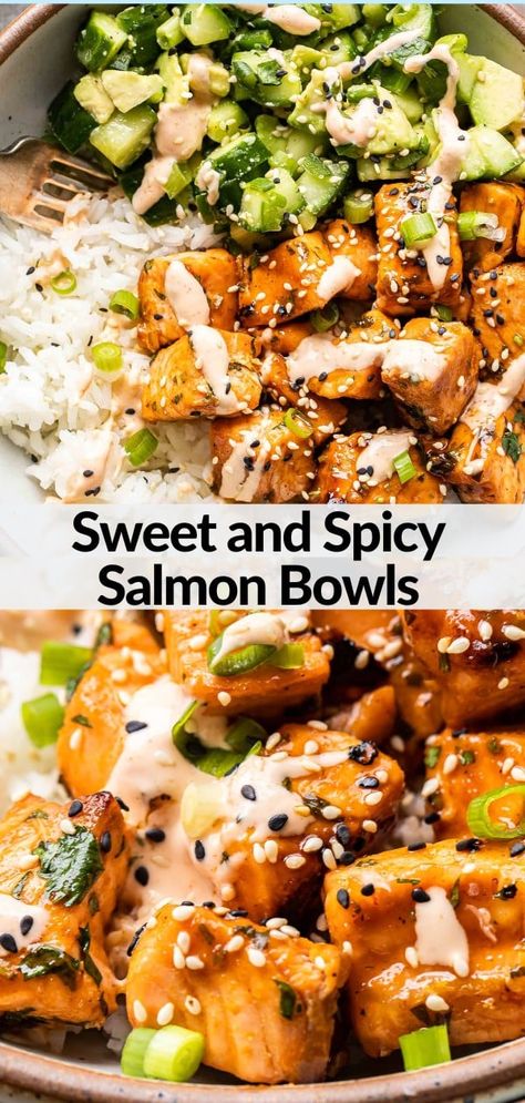 Dinner Ideas Fresh Healthy Recipes, Quick Easy Gf Dinner, Crunchy Salmon Bowl, Asian American Recipes, Sweet And Spicy Salmon Bowl, Salmon And Rice Meal Prep, Salmon Bowl With Spicy Mayo, Simple Monday Dinner, Sweet And Spicy Salmon Rice Bowl