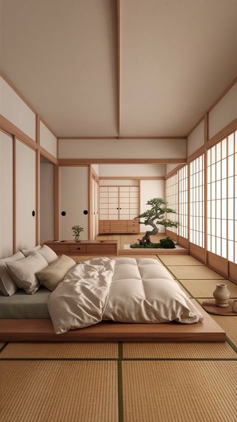 Japanese Room Traditional, Tatami Style Bedroom, Minimalist Japanese Apartment, Asian Style Apartment, Japan Style Interior Design, Dream House Japanese Style, Japanese Appartement Aesthetic, Cozy Japanese Apartment, Asian Aesthetic Home Decor