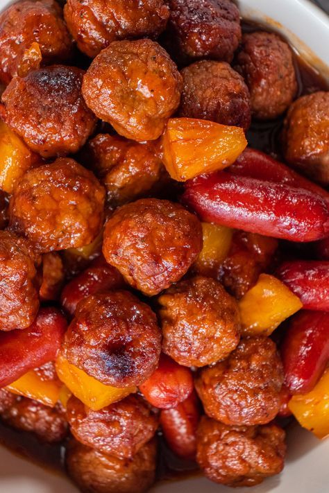 Meatball Pineapple Smokies | 12 Tomatoes Meatball Pineapple Smokies, Pineapple Smokies, Pineapple Meatballs, Cocktail Weenies, Smokies Recipe, Appetizer Meatballs, Cocktail Appetizers, Crock Pot Meatballs, Slow Cooker Meatballs