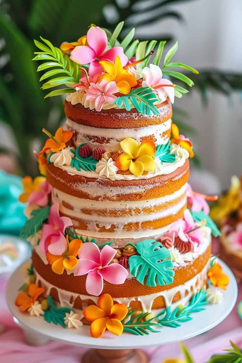 16 Creative Luau Cake Ideas For Your Next Party • Tropical Party Birthday, 18th Birthday Summer Party Ideas, Hawaiian Theme Cake Ideas, Moana Hawaiian Birthday Party, Hawaiian Birthday Decor, Hawaii Kids Party, Aloha Party Cake, Tropical Bday Party, 60th Birthday Luau Party