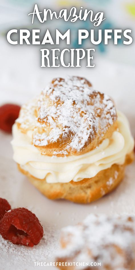 These homemade Cream Puffs are made with a light and fluffy pastry shell and a creamy custard filling. They’re a classic French dessert that’s easier than you might think to make at home. #thecarefreekitchen #creampuffs #pateachoux #french #dessert #choux #pastry #custard Cream Puff Pastry Recipes, Puff Cream Recipe, Creme Filled Pastries, Cream Puffs Filling Recipe, Small Batch Cream Puffs, Cream Fillings Pastry, French Choux Pastry, Pastry Cream Uses, Fluffy Pastry Recipe